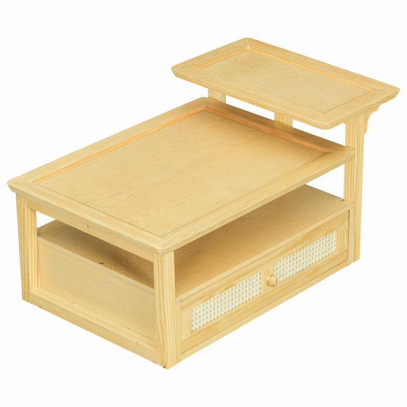 Coffee Table, Coffee Table With 1 Storage Shelf, 2 Tabletops And 1 Rattan Drawer For Living Room, Natural
