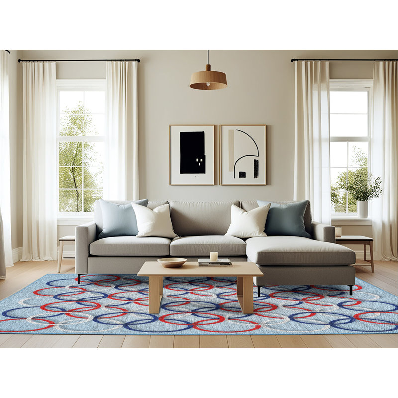 Tapis bleu à motif géométrique, Rectangle 6 pi x 9 pi