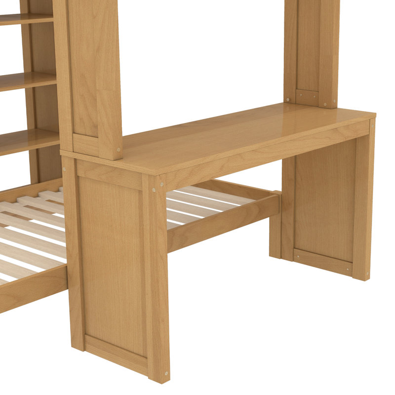 Lit superposé double TG / double avec lit inférieur démontable et bureau, structure de lits superposés en bois massif avec tablettes intégrées et garde-robe, peut être converti en lit mezzanine, naturel