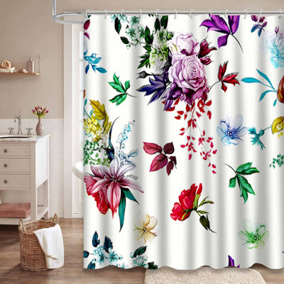 Waterproof Seamless Floral Watercolor Bath Abstract Lily Shower Curtain with 12 Hooks