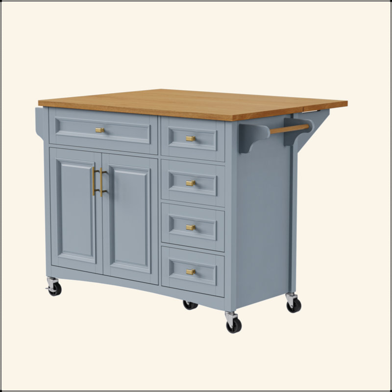 Kitchen Island With Drop Leaf, Embossed Texture Kitchen Island On Wheels With Spice Rack, Towel Rack, 2 Doors And 5 Drawers, Kitchen Storage Cart With Adjustable Shelf For Kitchen