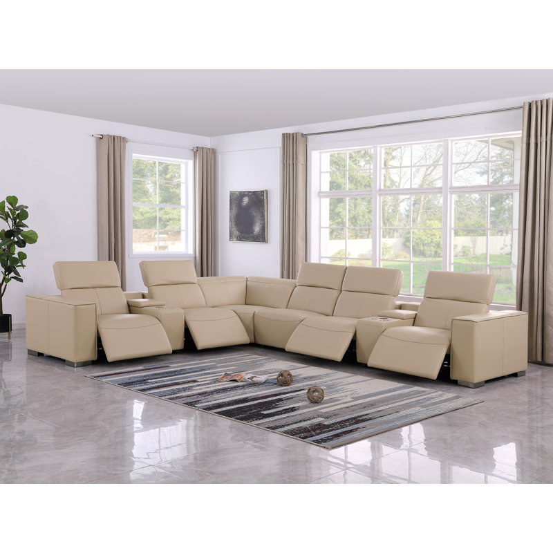 Covina Luxurious Genuine Leather 8-Piece Sectional With 4 Power Reclining Seats & Power Headrest, Beige