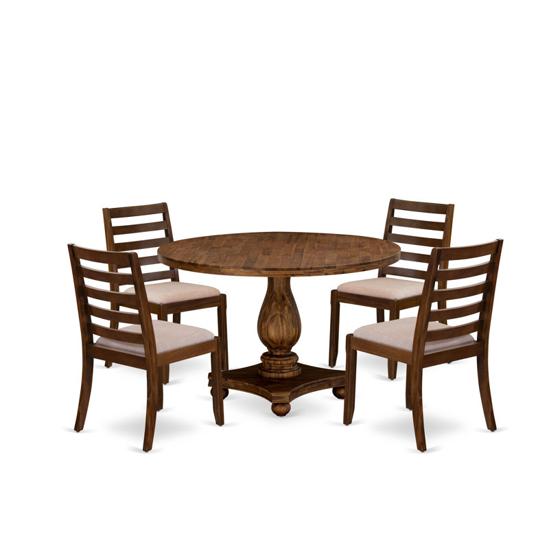 L'ensemble de table de cuisine 5 pièces comprend une table de cuisine ronde et 4 chaises empilables en tissu de polyester brun clair, finition noyer antique