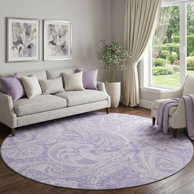 Tapis rond lavable et motif cachemire ivoire 8 pi avec protection UV
