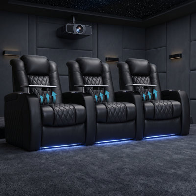 91.78 ''Three-Motor Geniue Leather Theatre Seating Reclining Zero Gravity  Power Recliner Chair Movie Chair Gaming Seat With Tray Table USB Charging Cup Holders (Set Of 3)