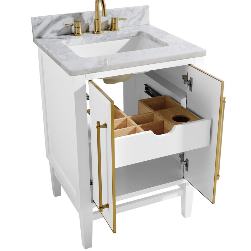 Swihart 25'' Single Bathroom Vanity with Marble Top, Black/Gold, Matte Gold, Carrara White