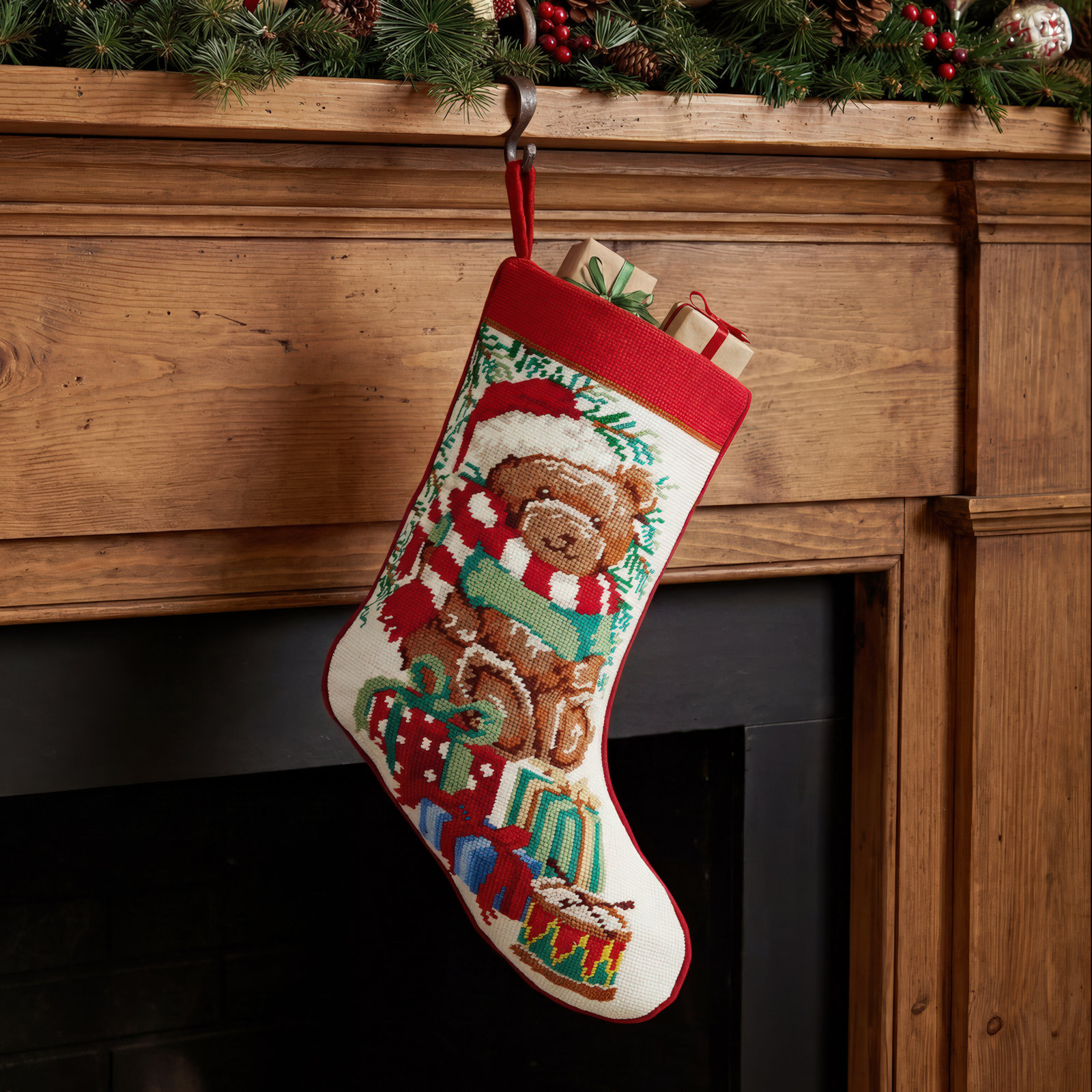 Teddy Bear Embroidered Needlepoint Stocking
