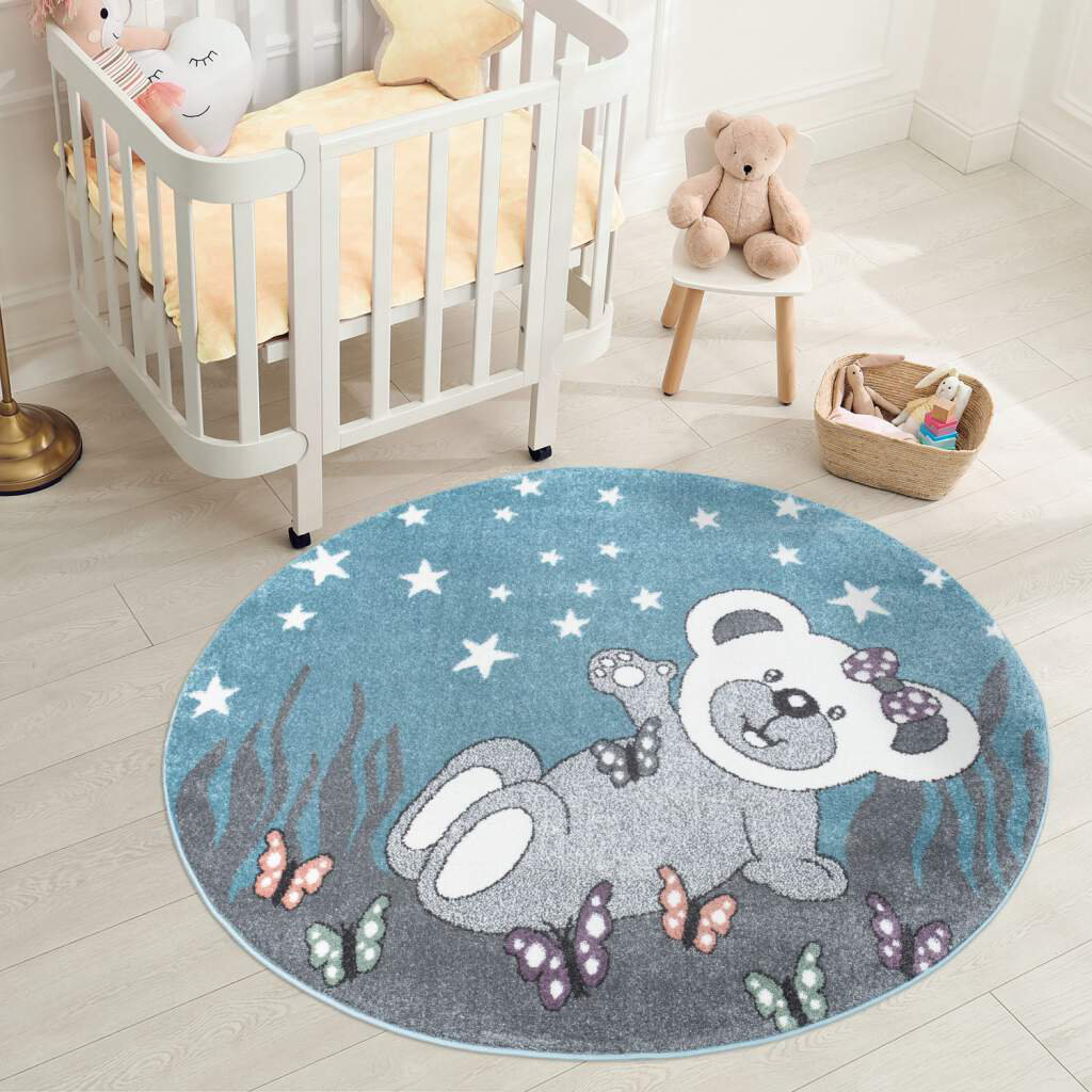 Kinderteppich Blau - 140X200 Cm - Teddy-Bär, Schmetterlinge, Sterne - Kinderzimmer-Teppich Kurzflor