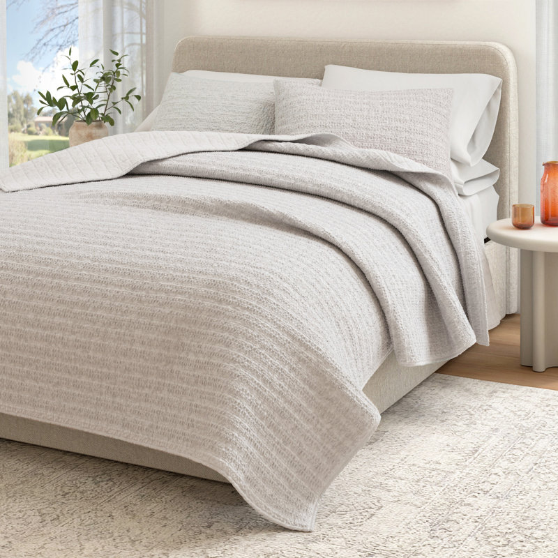 Ensemble de courtepointe et couvre-oreiller 100% coton délavé en nid d'abeille gaufré, Gris clair