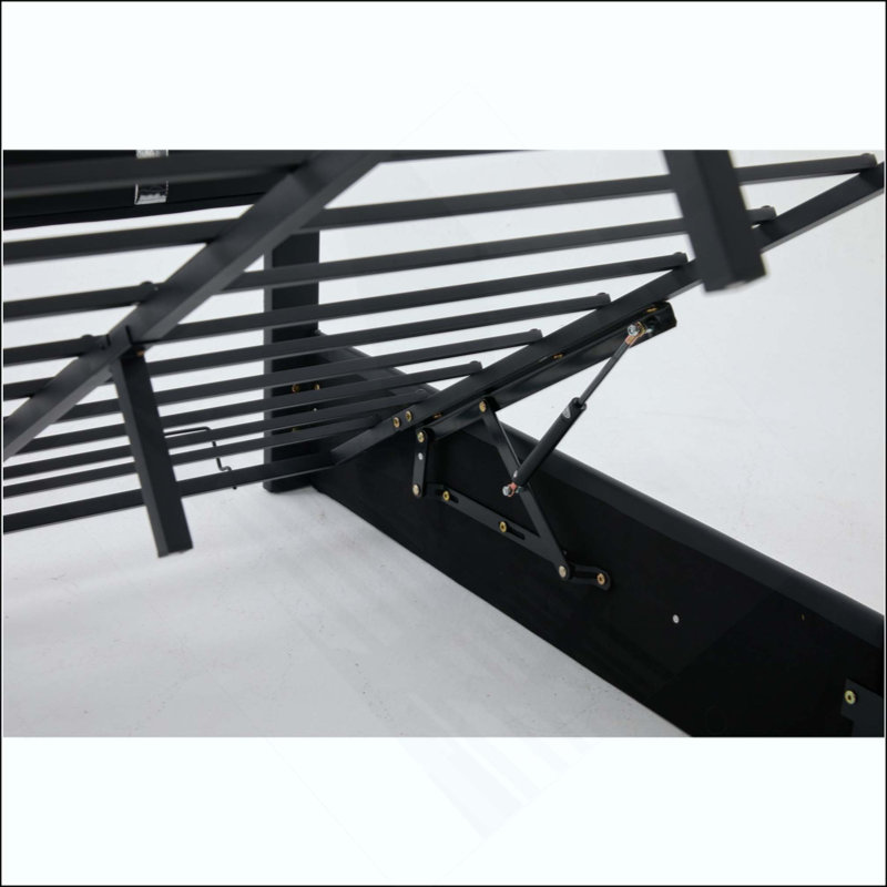Lit plateforme relevable avec rangement intégré, revêtu de similicuir, tête de lit DEL RVB réglable, ports de chargement USB-C et sommier à lattes métalliques, lit moderne à assistance hydraulique