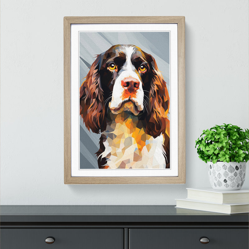 English Springer Spaniel Geometric No.2 - Single Picture Frame Print on Wood, 34cm H x 25cm W x 2cm D, Oak