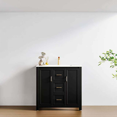 Meuble-lavabo de salle de bain avec lavabo simple, meuble-lavabo sous comptoir, armoire de rangement pour salle de bain avec 2 portes et 3 tiroirs, fermeture en douceur, rangement multifonctionnel
