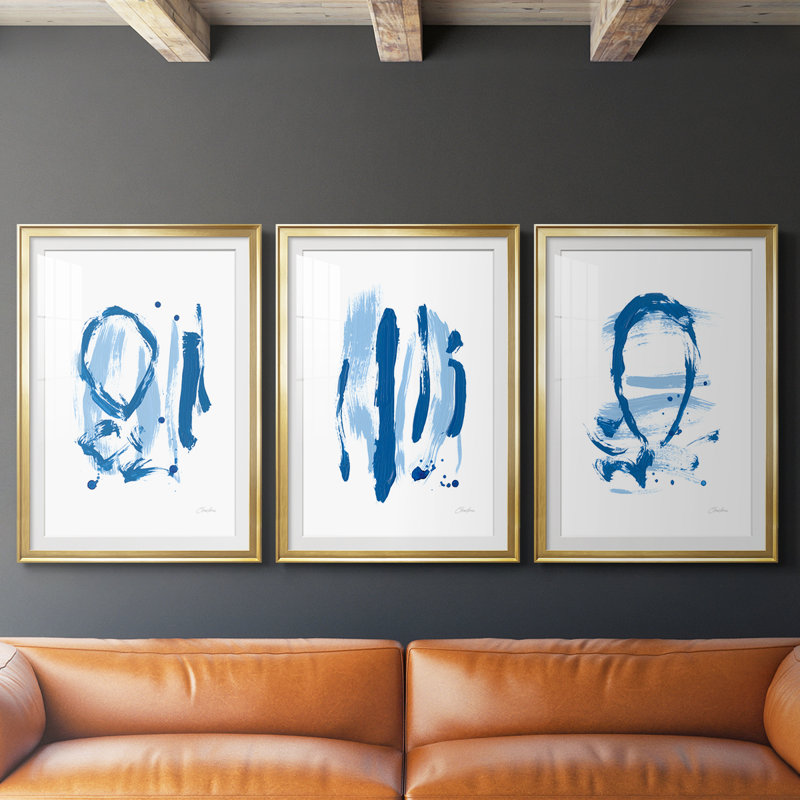 Blue Breeze IV - reproduction encadrée de qualité supérieure sur mesure mat - 3 pièces, H 30 po x l 63 po, Doré