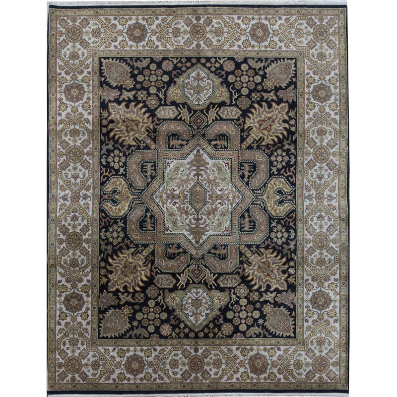 Tapis noir et ivoire de haute qualité noué à la main