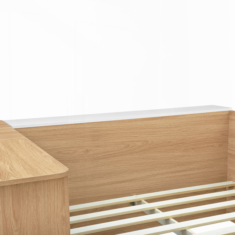 Wooden Platform Bed with desk and Wardrobe, Natural