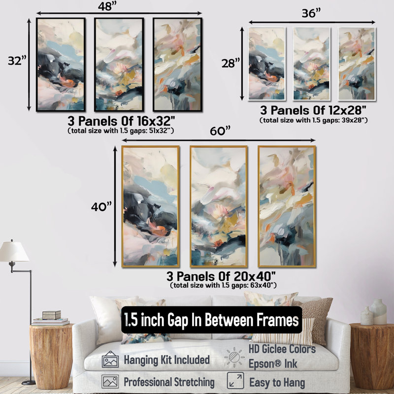 Gris et bleu, vagues vives fluides I - art mural abstrait, Cadre flottant doré, H 32 po x l 48 po x P 1 po