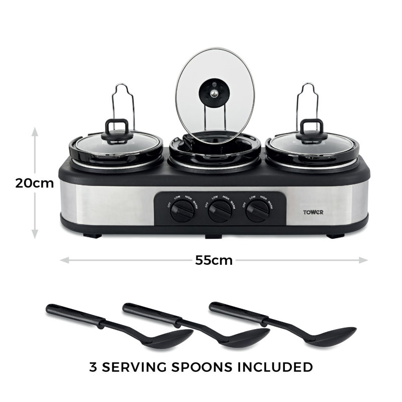 Tower T16015 Three Pot Slow Cooker with Independent Temperature Controls, Keep Warm Function, 4.5L, Stainless Steel