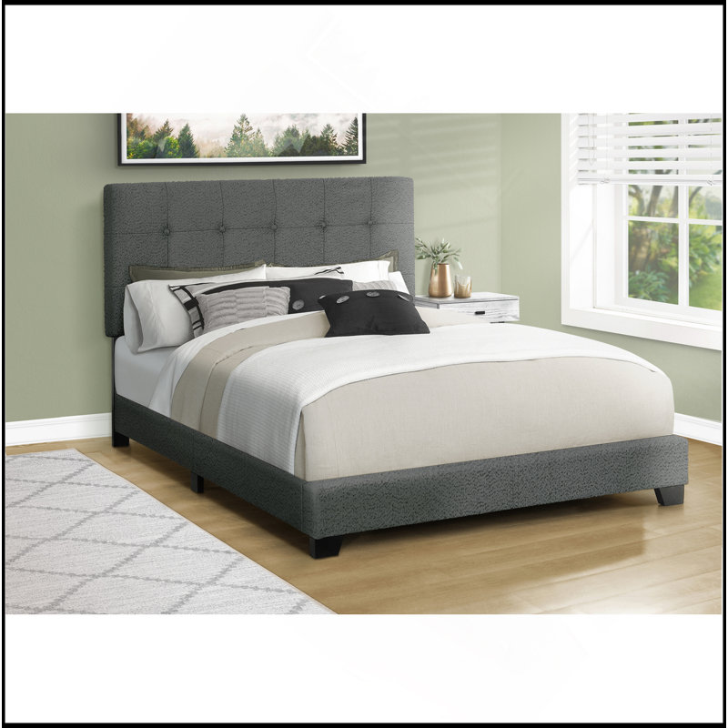 Lit, chambre à coucher, cadre seulement, grand lit, tapissier, boucle gris foncé, transitionnel, Grand lit