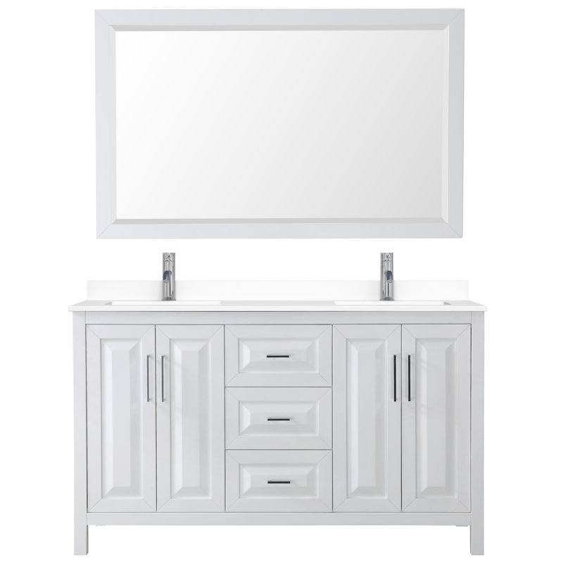 Ensemble de meuble-lavabo double avec miroir Daria, Blanc, Chrome poli, 60"