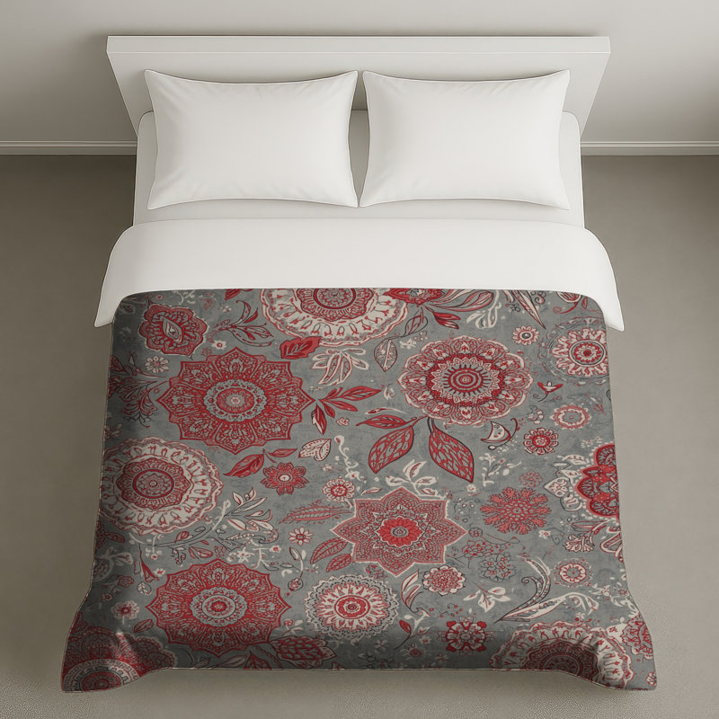 Red Gray Floral Pattern Duvet Covers, King