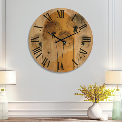 Large Botanical Wall Clock – Springtime Dandelion Sunset, Printed on Wood