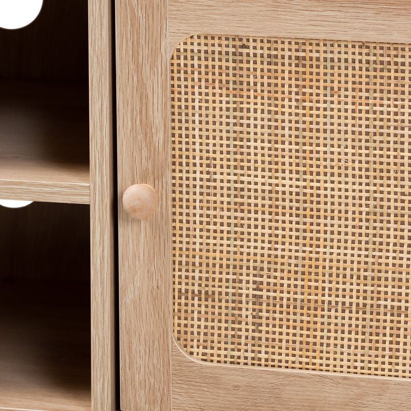 Breondra Elsbeth Mid-Century Modern Wood and Natural Rattan 2-Door TV Stand