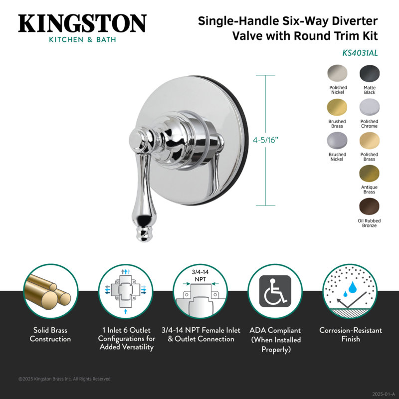 Kingston Brass Restoration Single-Handle Wall Mount Six-Way Diverter Valve with Trim Kit, Brushed Brass