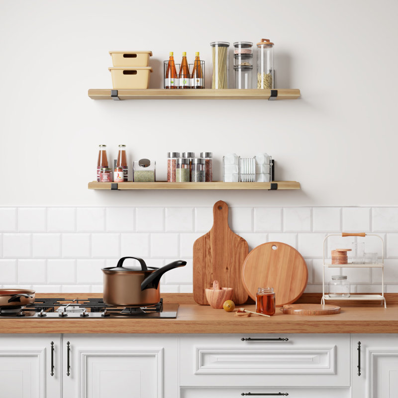 Natural Wood Floating Shelves With Lip, Set Of 2 Floating Wall Shelves With Metal Bracket, 36 Inch Picture Ledge Shelf Wall Mounted Shelves For Living Room, Bedroom & Kitchen,Lightly Color.