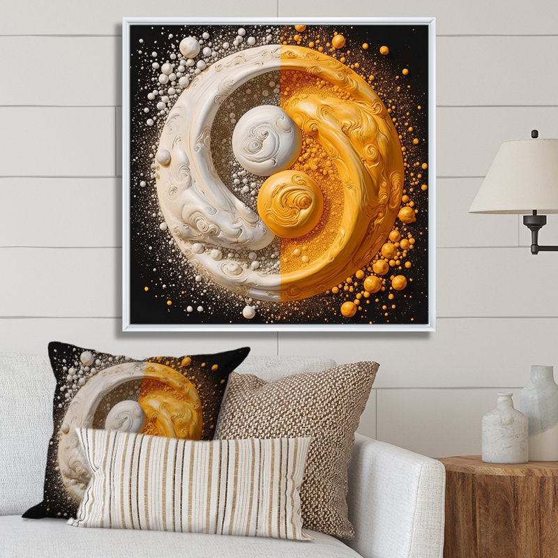 " White Yellow Yin And Yang ", White Floater Framed, 36" H x 36" W x 1.5" D