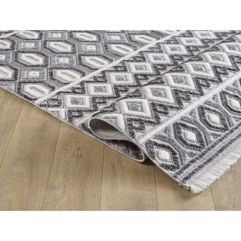 Tapis en polyester teint dans l'espace à motif géométrique gris et blanc Milos Collection, Rectangle 5 pi x 7 pi 6 po