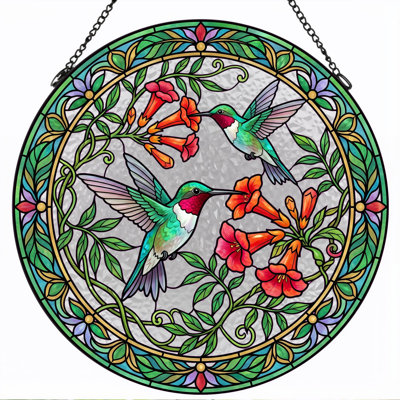 Hummingbird Floral Stained Glass Window Panel，7.8H