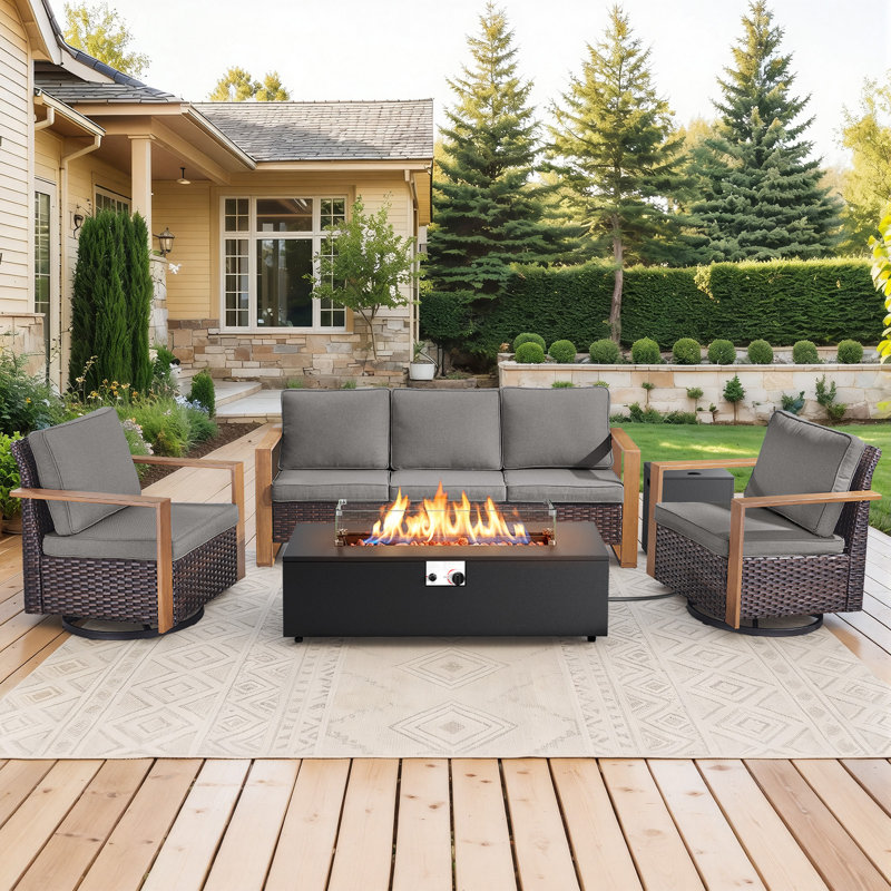 Drazen 5 - Person Patio Furniture Set With Fire Pit Table, All-Weather Wicker Outdoor Conversation Set With Chair And Thick Cushions