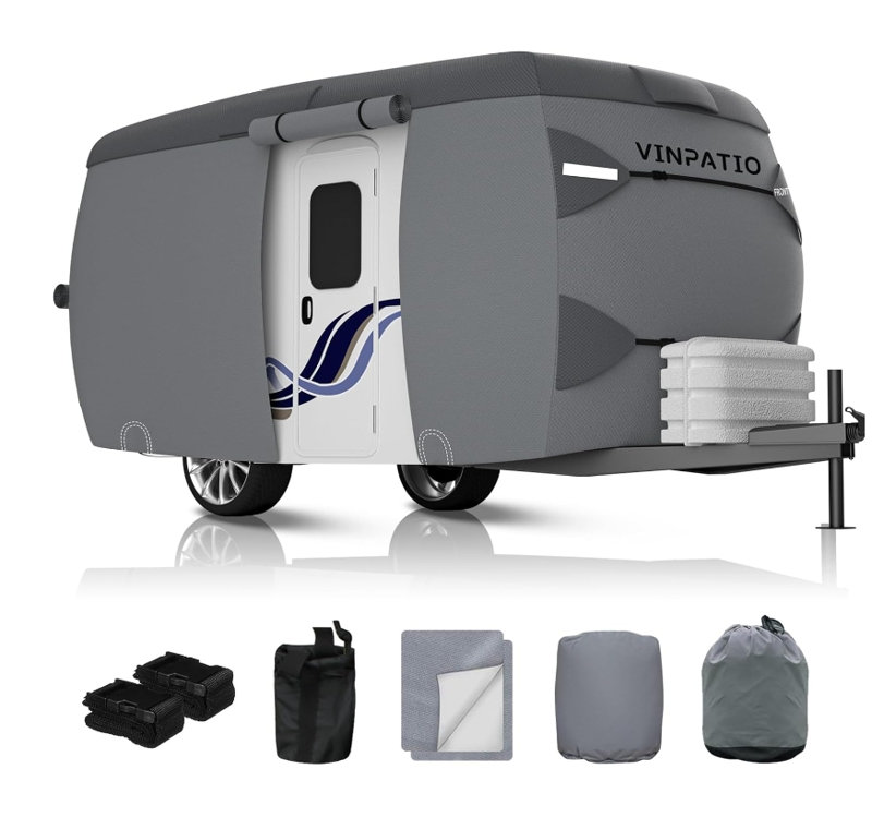 Fibreglass Travel Trailer Cover,Camper Cover with Windproof Strap, 7.3ft H x 7.3ft W x 16.1ft D