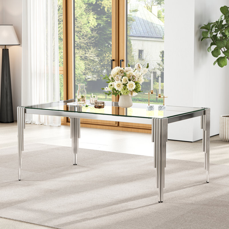 65" Glass Dining Set Of 5, Modern Rectangular Tempered Glass Table With Irregular Round Tube Stainless Steel Legs And 4 Velvet Upholstered Dining Chairs With Nailhead Trim