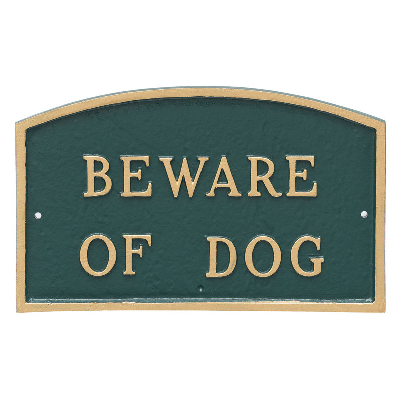 Plaque de jardin Bodnachuk Beware of Dog, H 10 po x l 15 po x P 0,25 po, Vert forêt / doré