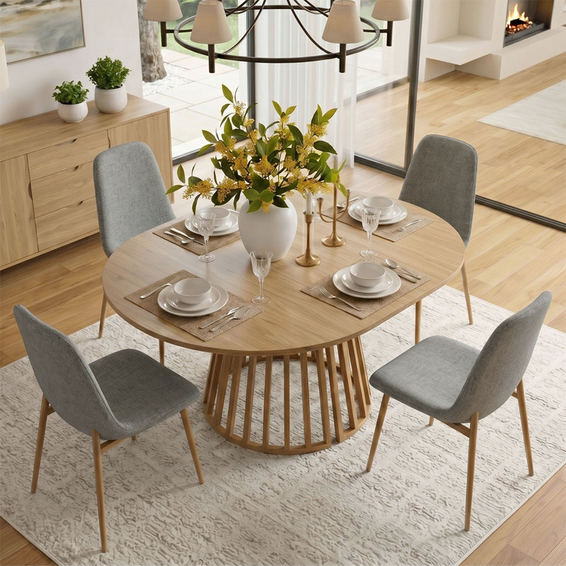 4- Person Dining Table Sets With Extendabe Oval Table & 4 Upholstered Dining Chairs, Gray