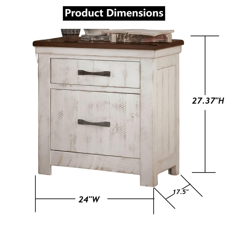 24" Plank Design Nightstand - Distressed White & Walnut with Brass Arch Pulls
