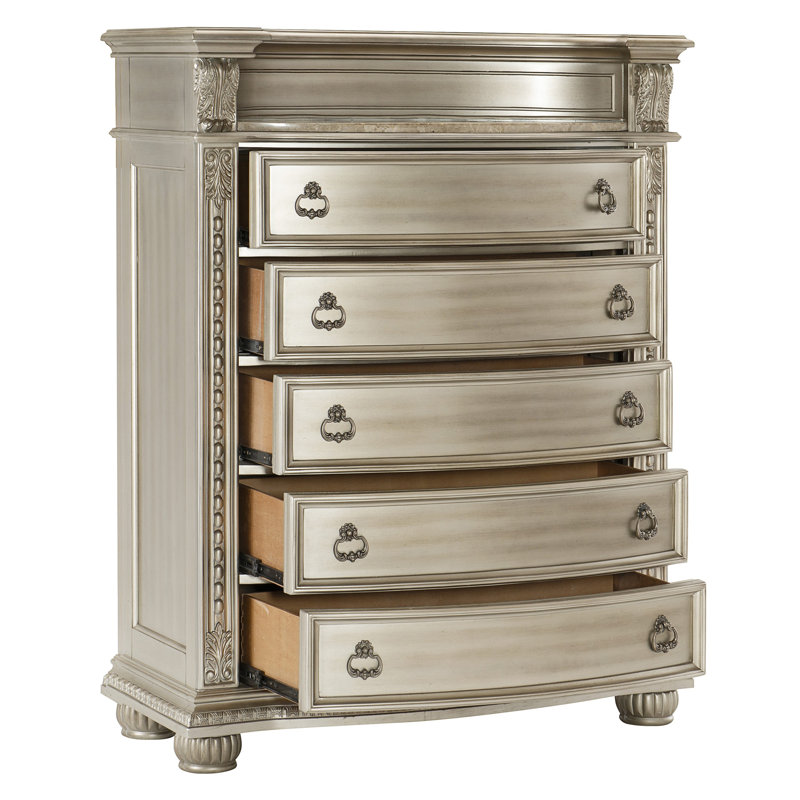 Meuble de rangement de luxe à finition argentée 1 pièce avec 5 tiroirs en marbre véritable de style européen