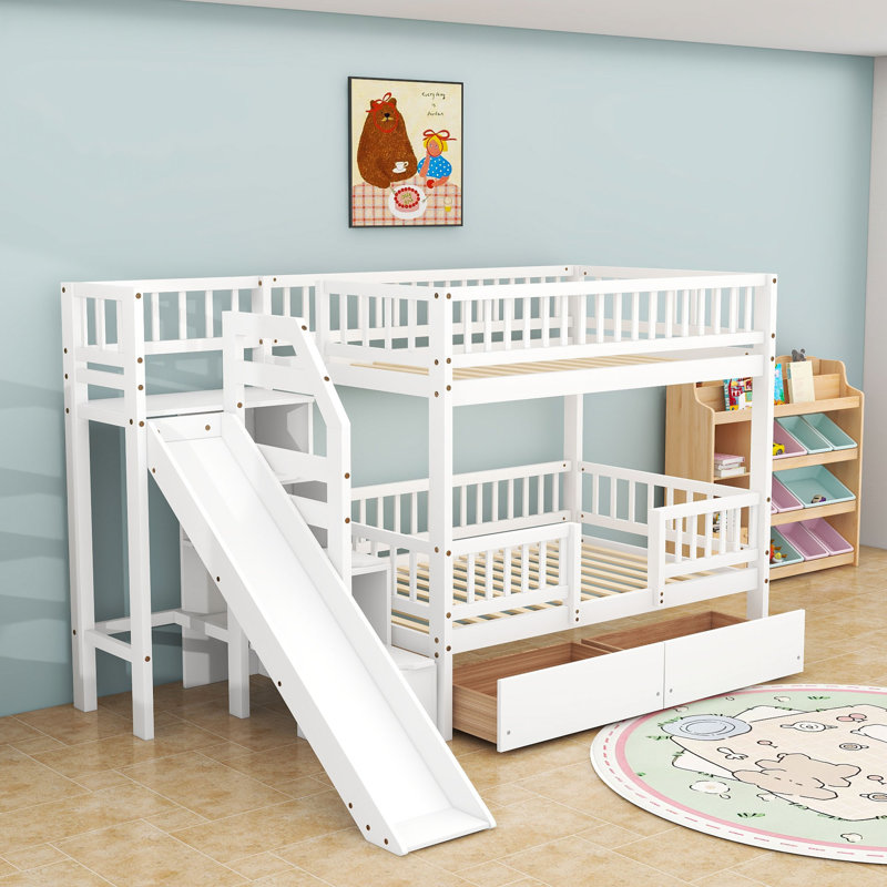 Lit superposé avec escalier, glissade et 2 tiroirs, Blanc