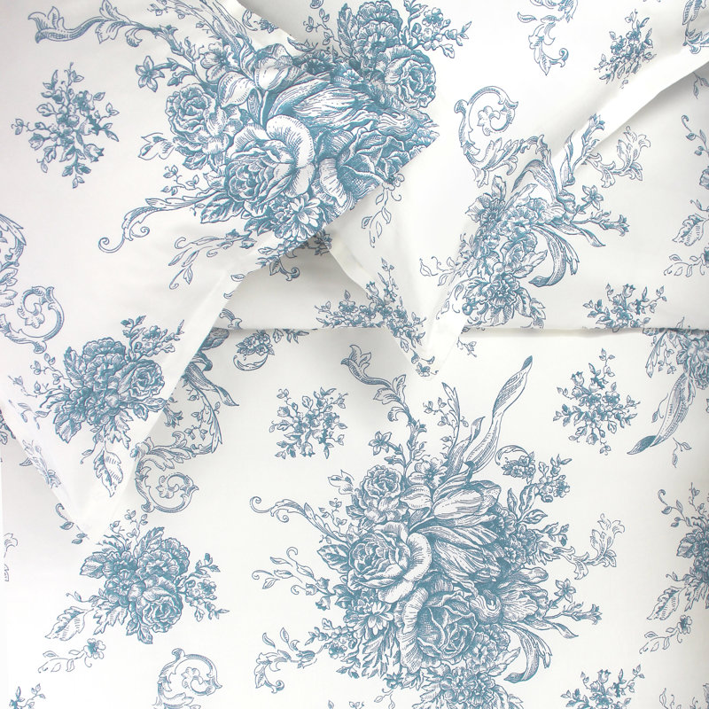 Benedictine Sateen Toile Duvet Cover, King Duvet Cover + 2 King Shams, Light Blue