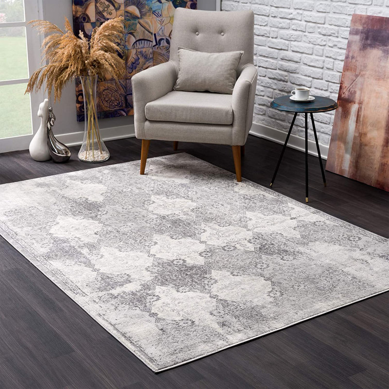 Tapis gris à motif treillis délavé, Rectangle 4 pi x 6 pi