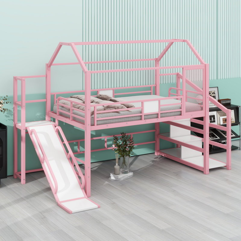 Metal House Loft Bed With Slide，Stairs And Storage Shelves, Pink