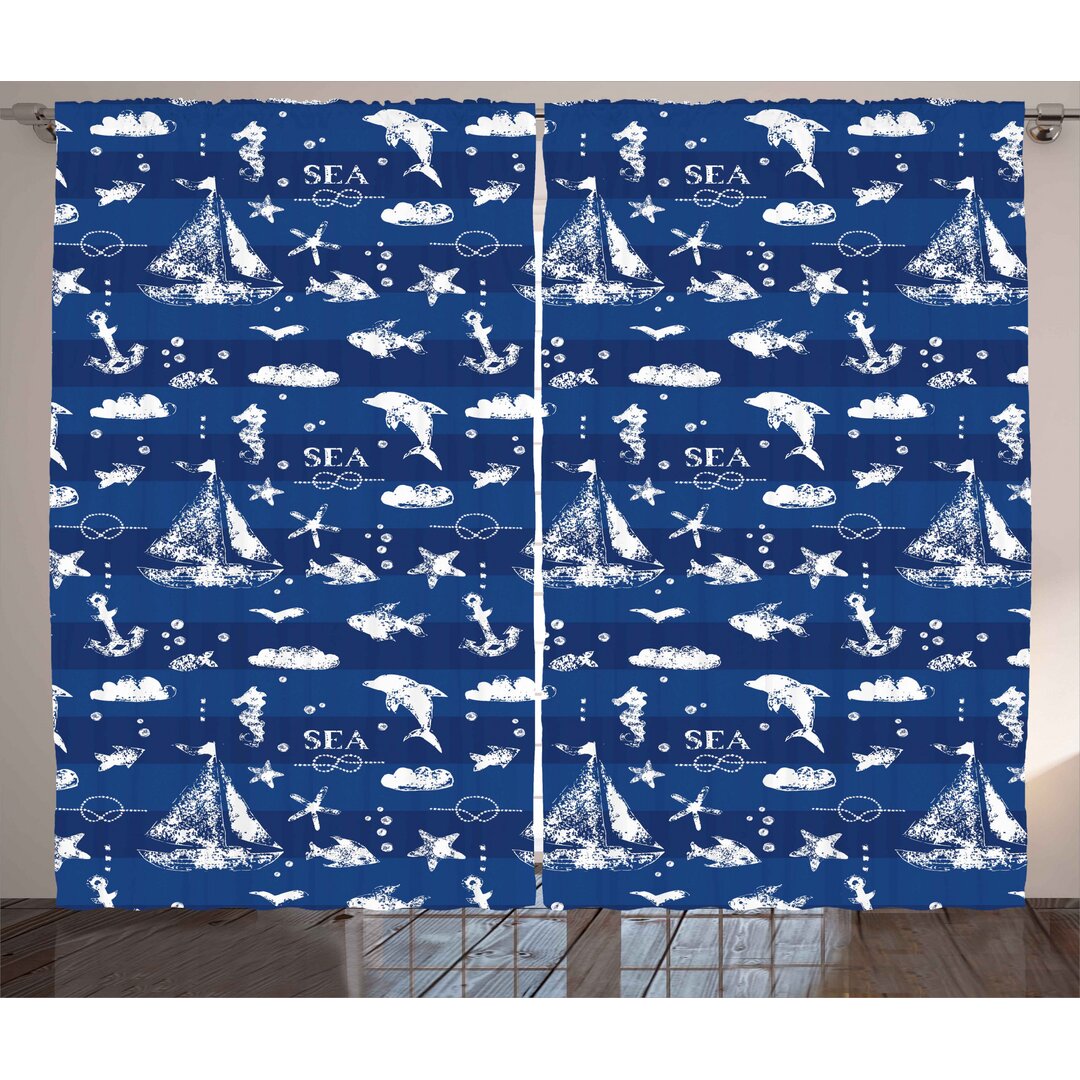 Rustikaler Vorhang, Grunge Anchor Schiff, Navy blau, Blau Weiss