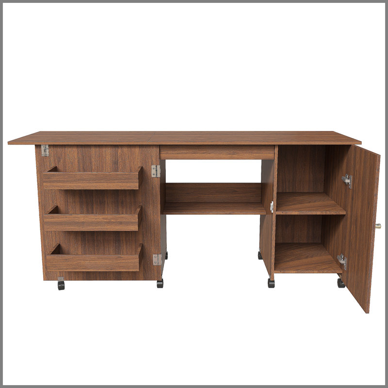 Table de machine à coudre pliable de 57,5 po avec roulettes verrouillables, station de bricolage avec tablettes, bacs et armoire, armoire de couture réglable / bureau pour la maison, la chambre à coucher et la salle d'artisanat (noyer)