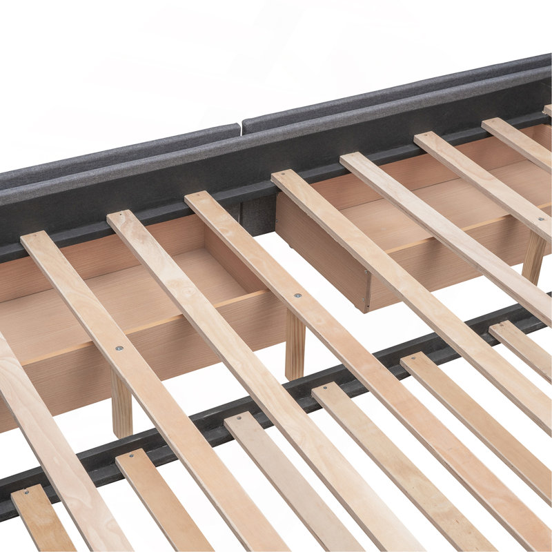 Lit plateforme tapissier avec 2 tiroirs et 1 lit simple TG, tissu en lin