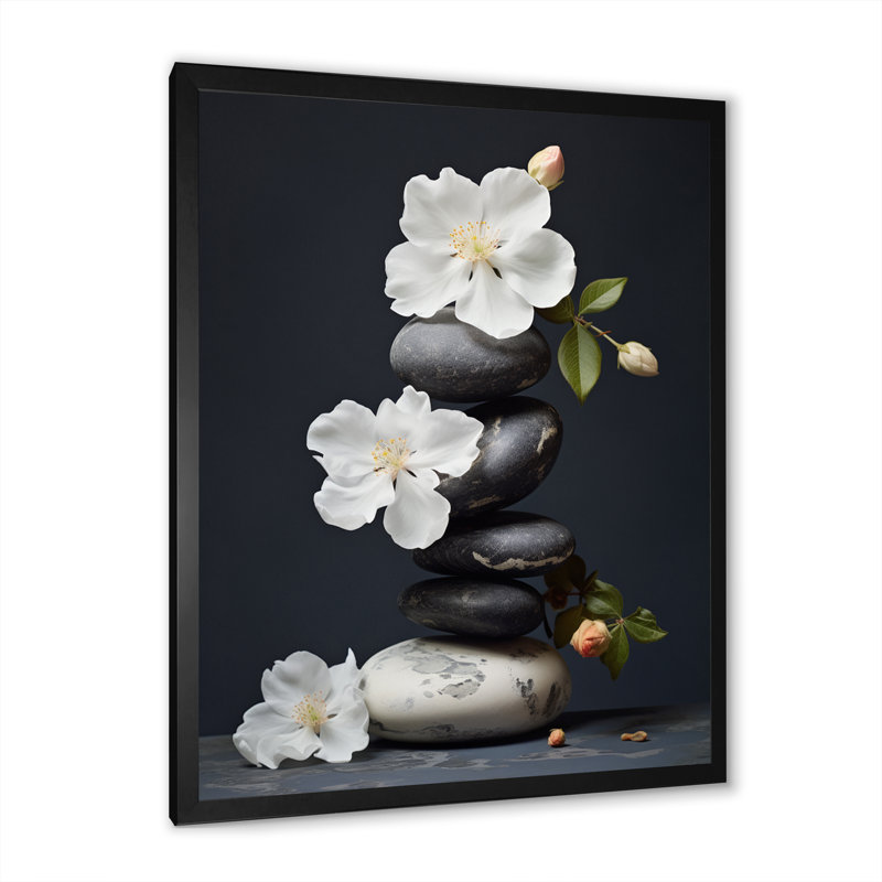 Décoration murale zen sérénité fleurs blanches pierre noire Cairn I - Pierre spirituelle, H 40 po x l 30 po x P 1,5 po