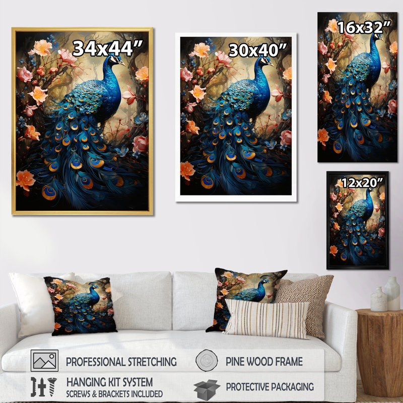 «Fantasy Peacock In Enchanted Blooms I», reproduction sur toile, Cadre photo noir simple, H 32 po x l 16 po x P 1 po