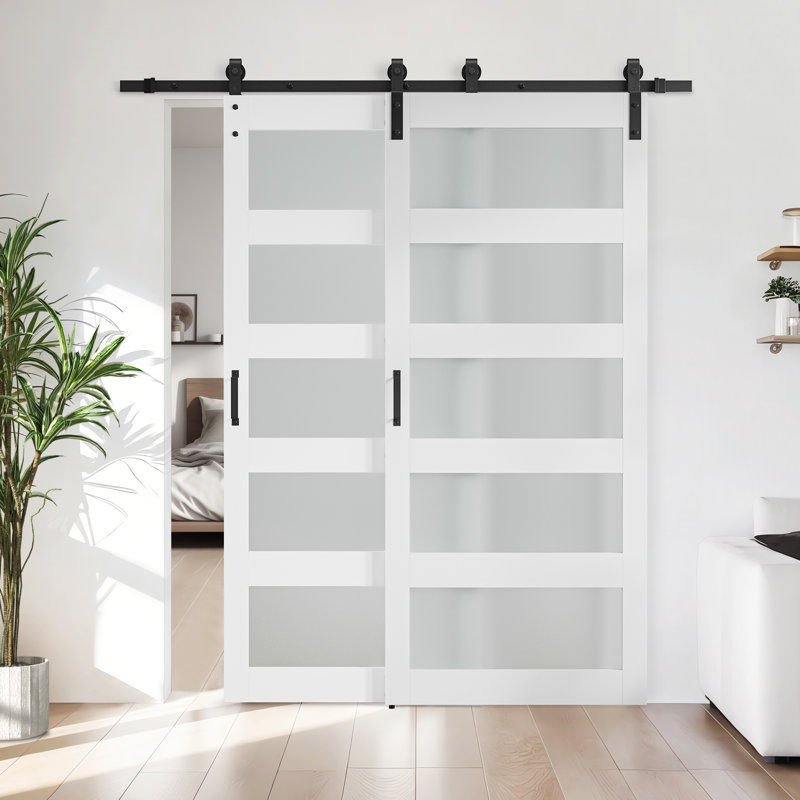 Glass Panelled Bypass Barn Door Double Doors With Installataion Hardware Kits, 84" x 84"