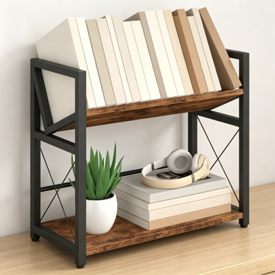Desktop Bookshelf, 2 Tier Desk Shelf Organizer, Wooden Tabletop Bookcase, Small Book Rack for Office, Home, Bedroom, Small Space Storage and Display