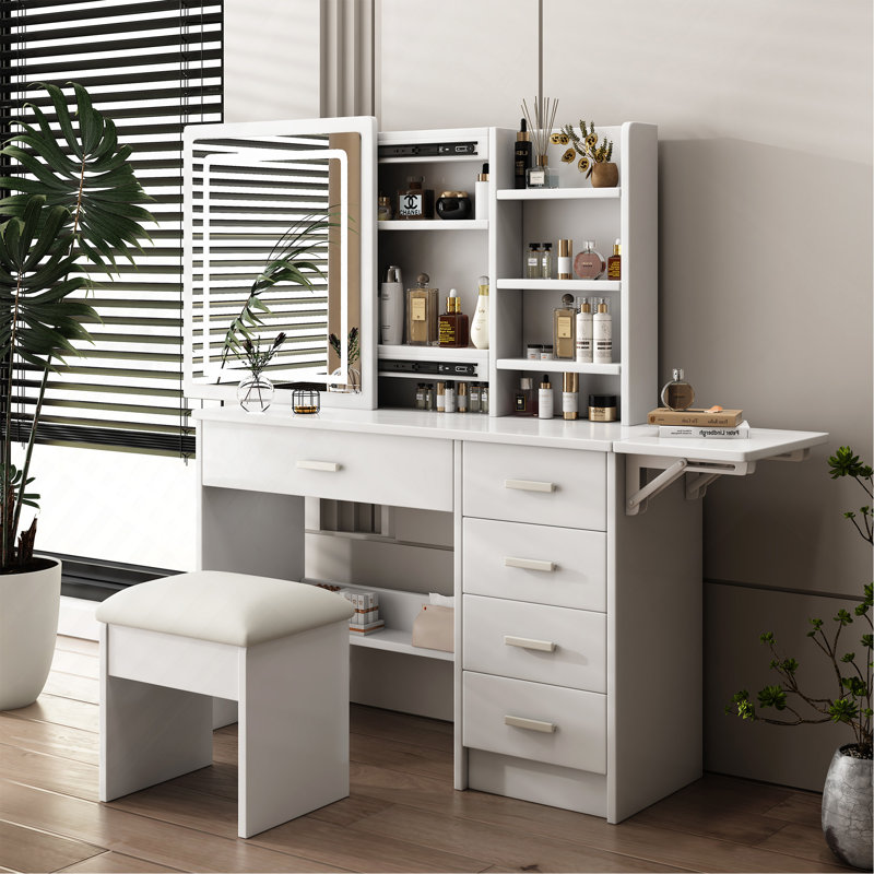 Ensemble de coiffeuse moderne avec miroir lumineux et tabouret rembourré, table de maquillage DEL à intensité variable (3 couleurs) avec 5 tiroirs et étagères de rangement